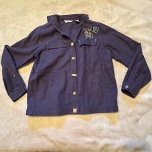 Navy Blue Sailor Button-Up Jacket with Embroidered Details